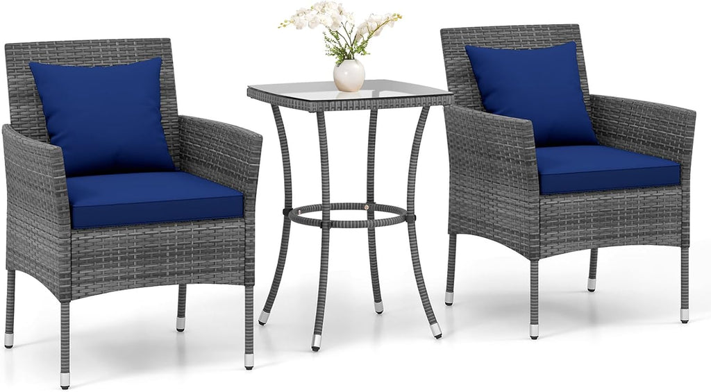RELAX4LIFE 3-Piece Patio Furniture Set - Rattan Wicker Outdoor Furniture w/Cushions & Tempered Glass Coffee Table, Small Conversation Bistro Table and Chairs Set of 2 for Garden Porch Balcony (Navy)
