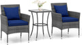 RELAX4LIFE 3-Piece Patio Furniture Set - Rattan Wicker Outdoor Furniture w/Cushions & Tempered Glass Coffee Table, Small Conversation Bistro Table and Chairs Set of 2 for Garden Porch Balcony (Navy)