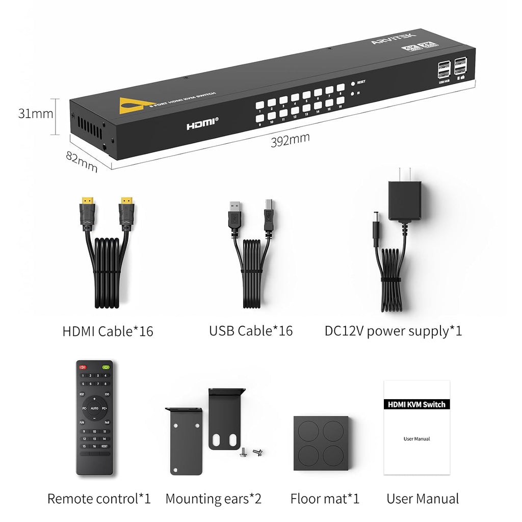 16 Port HDMI KVM Switch 4K@60Hz, 1U Rack Mount Console, USB HDMI Switch to Share 1 Monitor for 16 PCs, Includes 16 HDMI Cables, IR Remote, 4 USB 2.0 Port