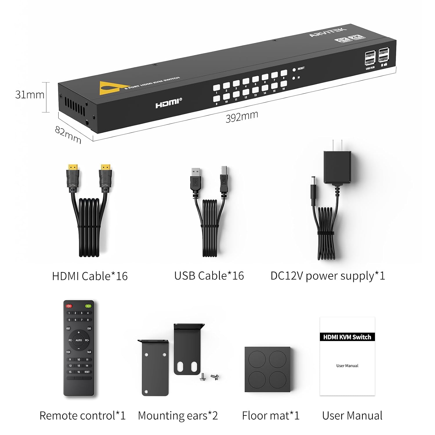 16 Port HDMI KVM Switch 4K@60Hz, 1U Rack Mount Console, USB HDMI Switch to Share 1 Monitor for 16 PCs, Includes 16 HDMI Cables, IR Remote, 4 USB 2.0 Port
