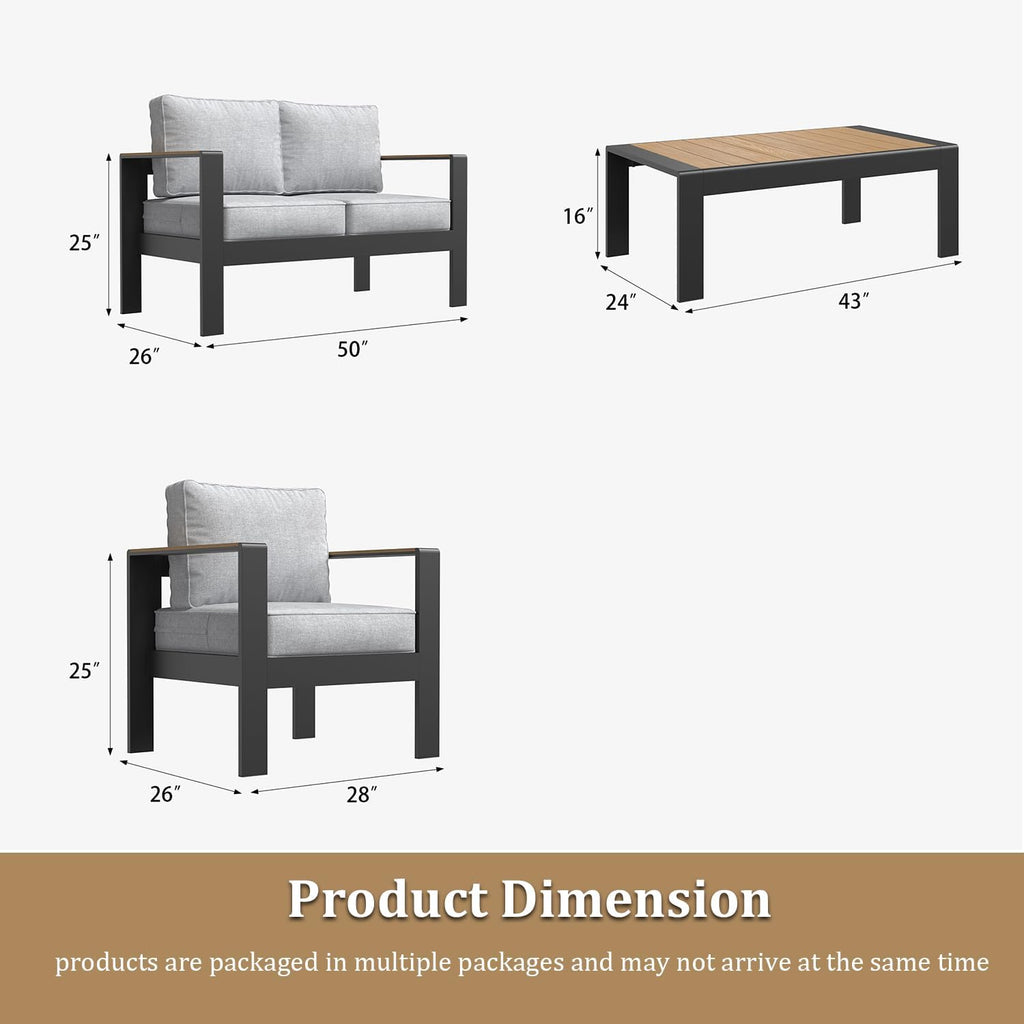 Aluminum Outdoor Patio Furniture Sets, 4 Piece Metal Patio Conversation Sets with Coffee Table with 5 Inch Cushion for Garden Backyard Deck