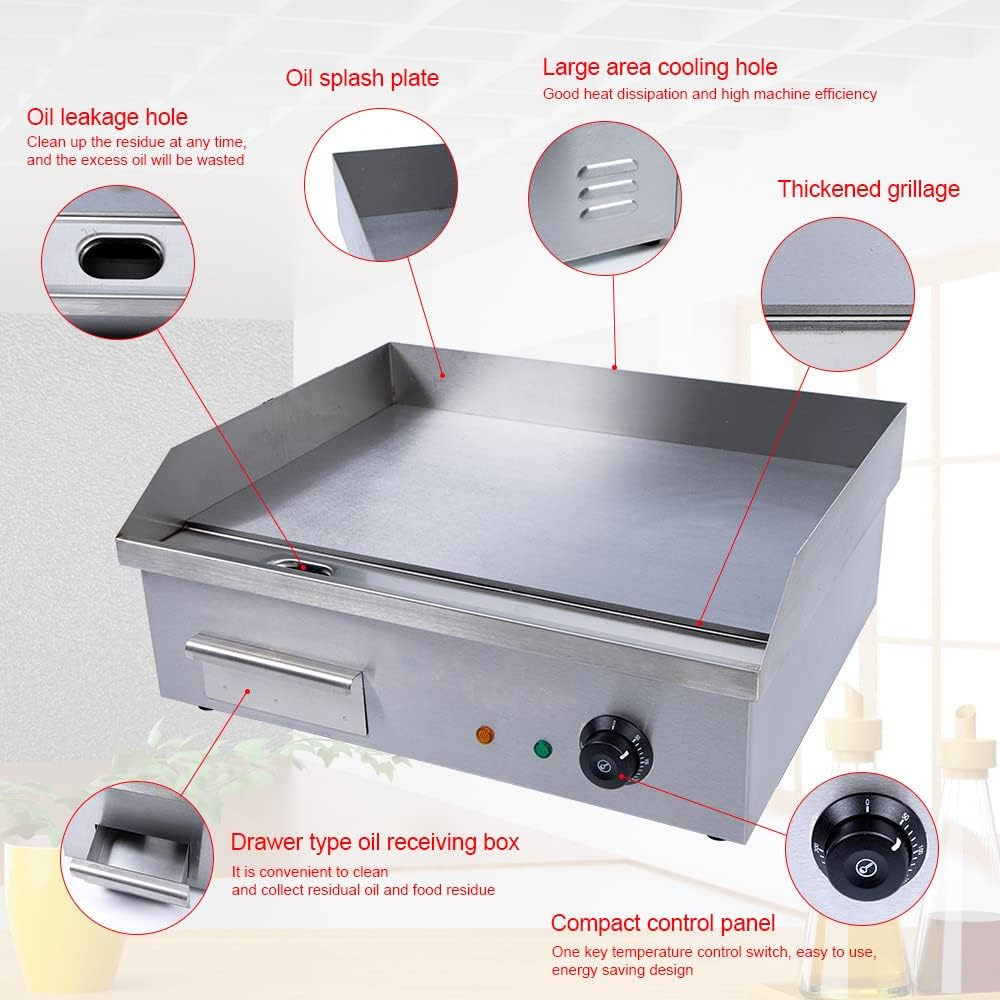 22Inch Electric Countertop Griddle - 3000W Commercial One-Piece Tabletop Flat Top Grill Stainless Steel Large Pan Griddle For BBQ Teppanyaki Cooking, Cooking Area: 22'x14', US Plug Included