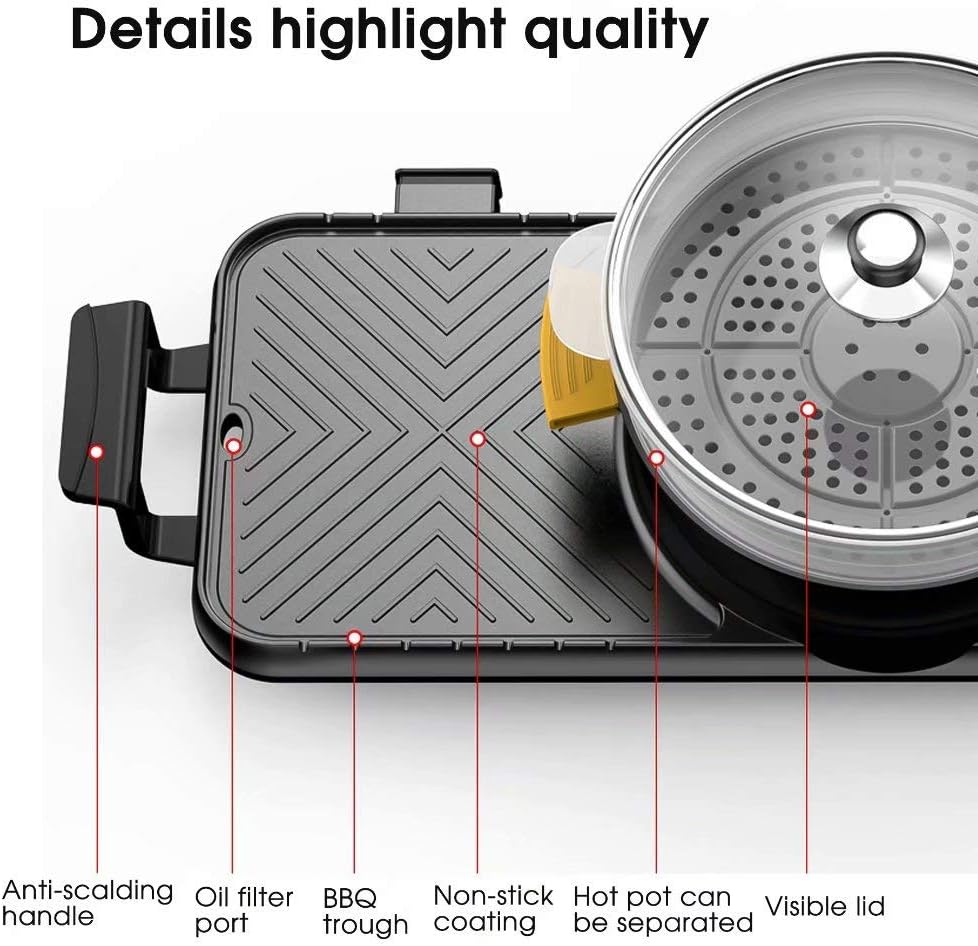 Portable Electric Grill, Electric Barbecue Grill Indoor Hot Pot Chafing Dish, Large Capacity Household Multifunctional Non-Stick Pan Electric Cooker with 5 Temperature adjustments