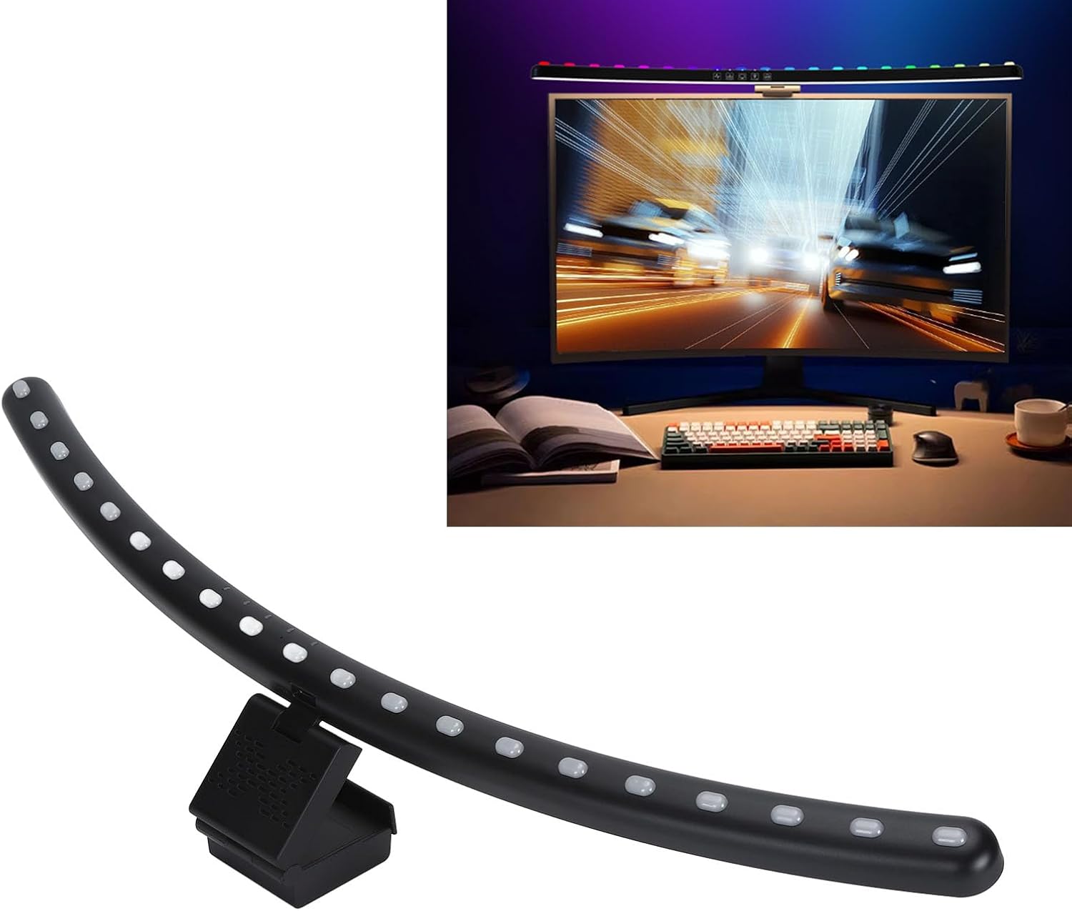 2 In 1 RGB Monitor Light Bar, Curved Computer Monitor Lamp Bar, Dual Light Source with Voice Activated Musical Rhythm, Eye Caring Screen Light Bar for Office Gaming Desk