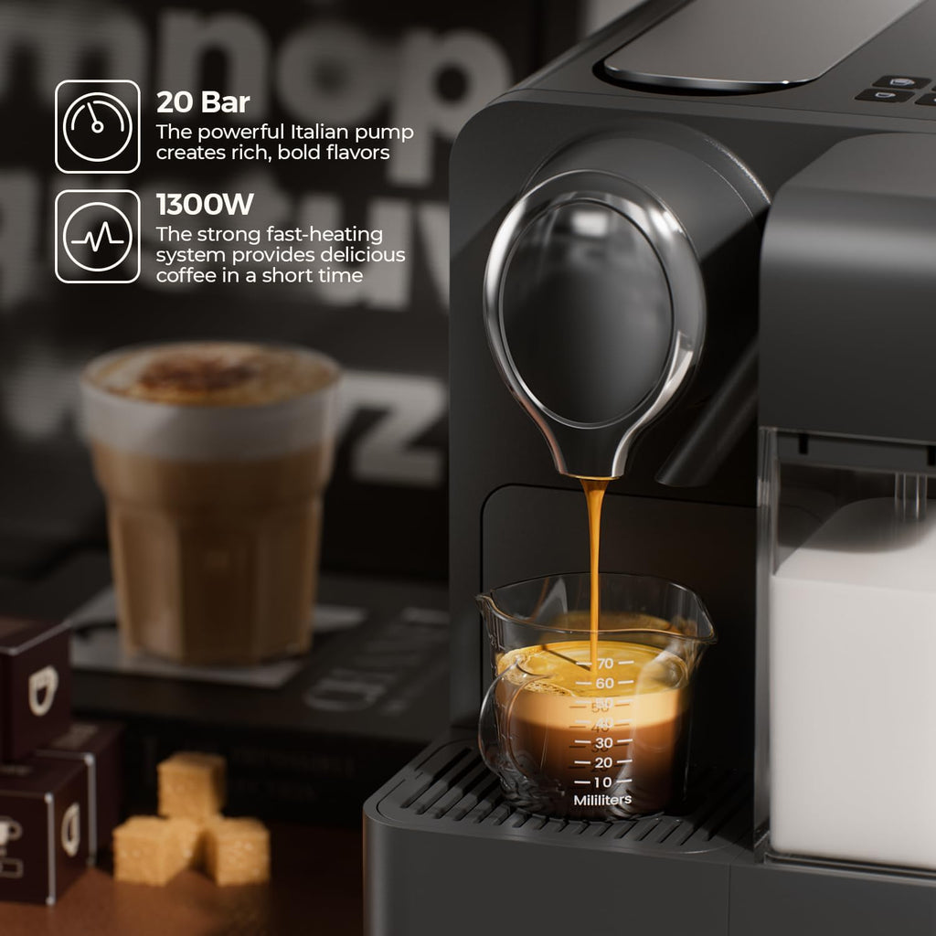 Espresso Machine with Integrated Automatic Milk Frother - Single-Serve Coffee Maker Capsule Compatible, One Touch Latte & Cappuccino, Single or Double Shot Espresso Maker