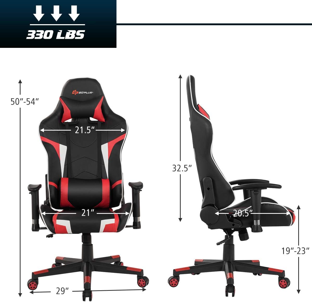 POWERSTONE Gaming Chair - Office Computer Gaming Racing Chair with Lumbar Massager Support PU Leather Adjustable Arms Headrest High-Back Recliner Ergonomic Rolling Swivel (Red)