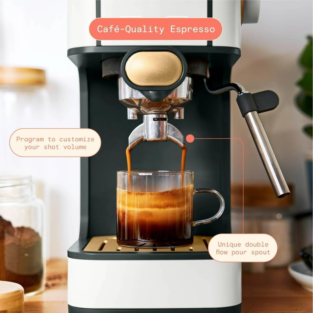Slim Espresso Maker – 20‑Bar Pressure, Dual‑Spout 52 mm Portafilter, 50 oz Removable Tank, 2‑in‑1 Steam Wand & Touch Controls (White Icing)