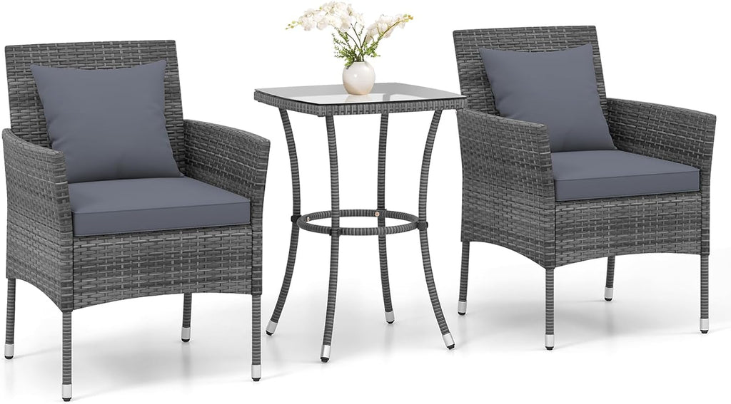 RELAX4LIFE 3-Piece Patio Furniture Set - Rattan Wicker Outdoor Furniture w/Cushions & Tempered Glass Coffee Table, Small Conversation Bistro Table and Chairs Set of 2 for Garden Porch Balcony (Grey)