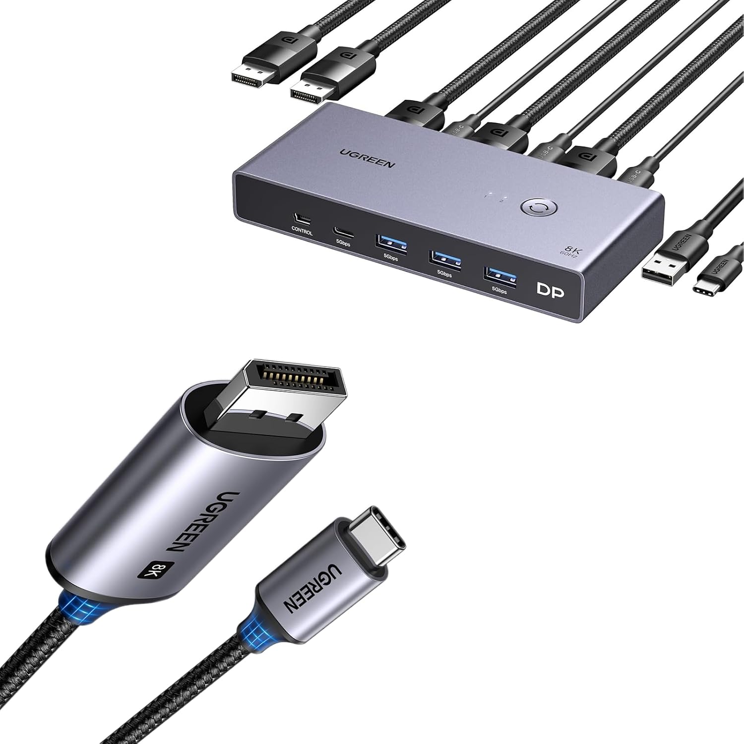 UGREEN 8K Displayport KVM Switch DP 1.4 with 4 USB 3.0 Ports (3 USB-A + 1 USB-C) Bundle with UGREEN USB C to DisplayPort 1.4 Cable 8K@60Hz 4K@240Hz Thunderbolt 4/3 to DisplayPort Cord