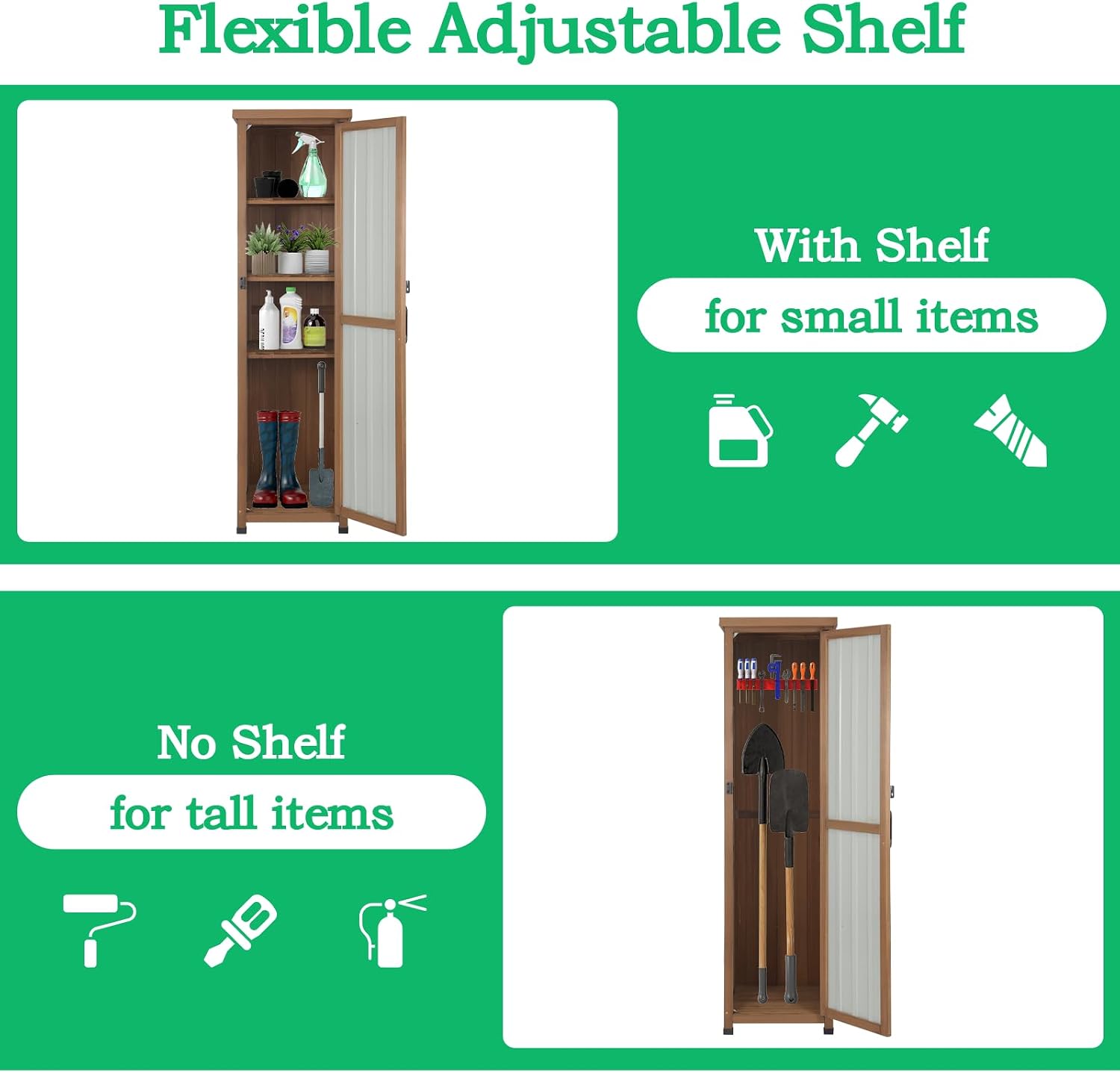 Tall Outdoor Storage Cabinet, Weatherproof Wooden Garden Potting Bench with Metal Top & Adjustable Shelves, Outdoor Patio Cabinets Work Station for Balcony, Pool, Garage