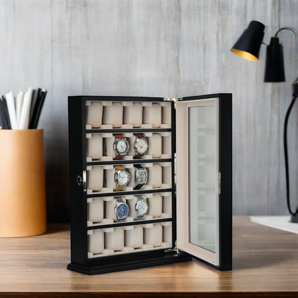 TIMELYBUYS 20 Piece Black Ebony Wood Watch Display Wall Hanging Case and Storage Organizer Box and Stand for Oversized Watches