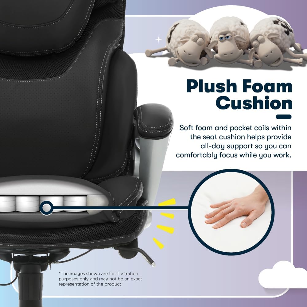 Serta Bryce Executive Office Chair, Ergonomic Computer Desk Chairs with Patented AIR Lumbar Support, Comfy Body Pillows, Height Adjustable, Swivel Base with Wheels, Bonded Leather, Black