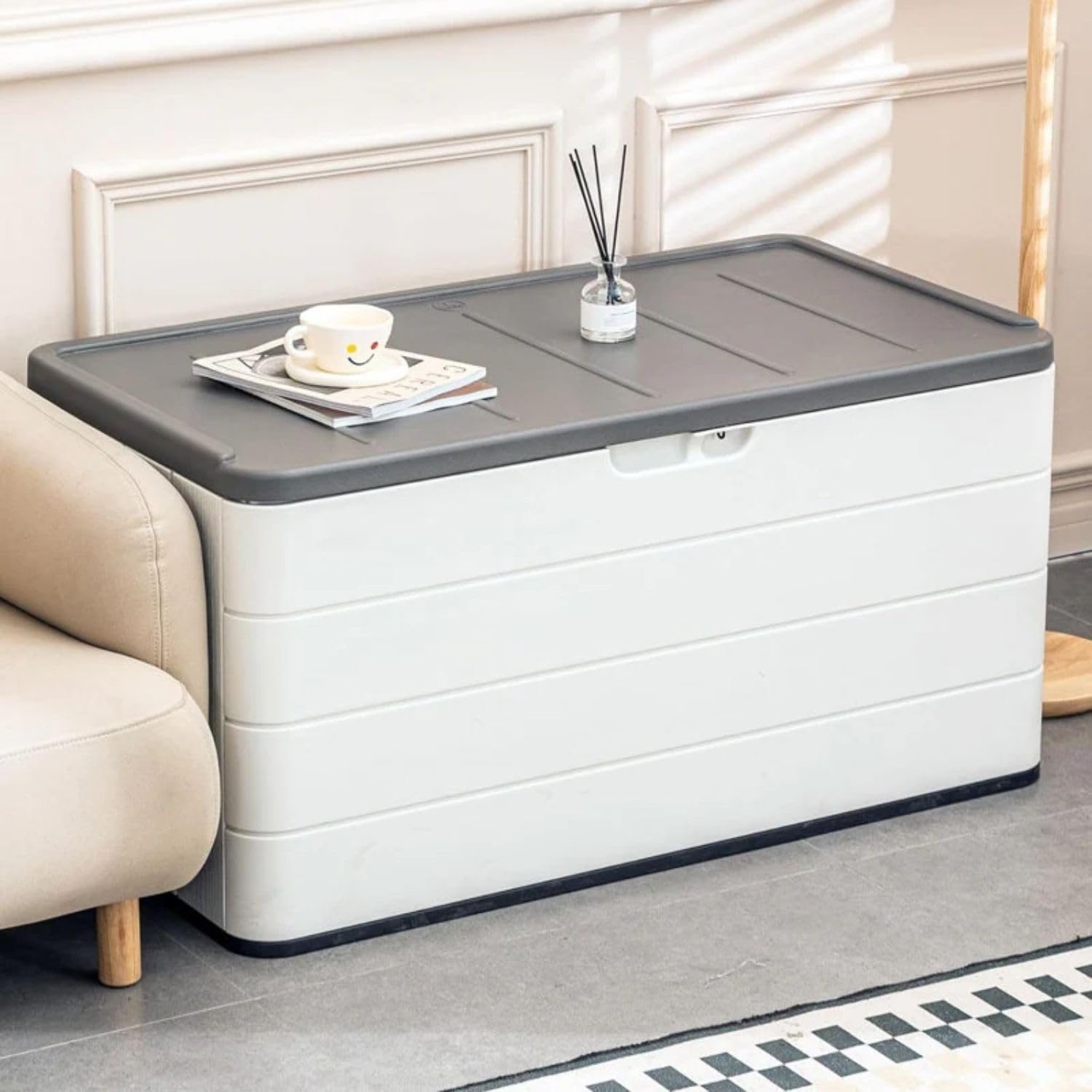 ZZM 110 Gallon Lockable Resin Deck Box, Waterproof Outdoor Storage Box for Patio Cushion Storage Cabinet and Tools Storage, White