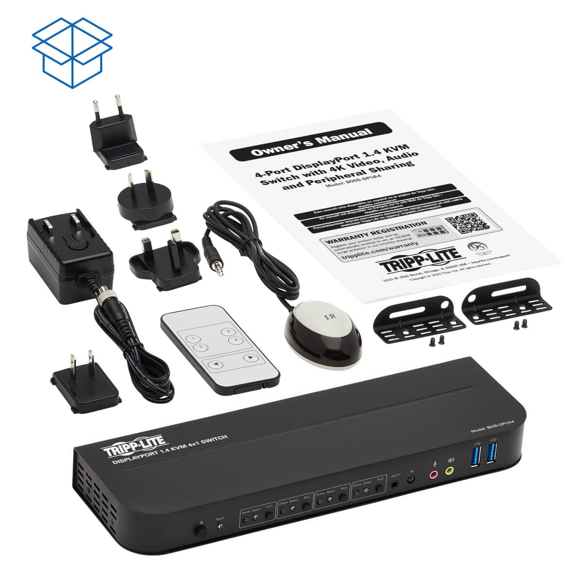 Tripp Lite 4 Port DisplayPort USB KVM Switch, Quad Port DP USB KVM Switch, 4K 60 Hz, HDR, HDCP 2.2, DP 1.4, USB 3.0 Cables, Black (B005-DPUA4)