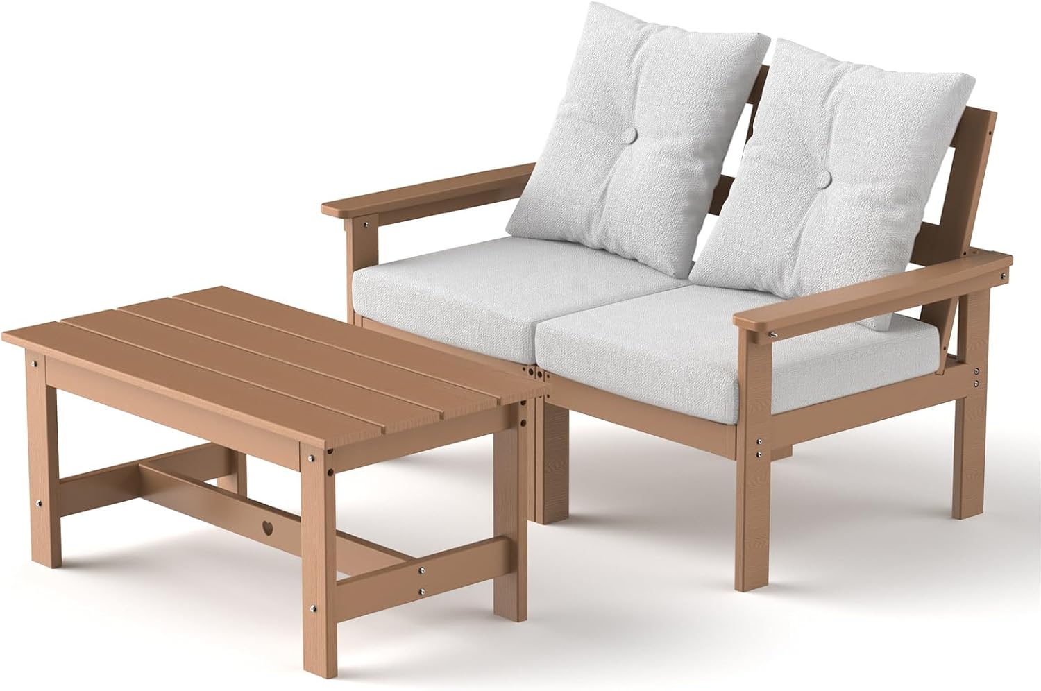 3 Piece Patio Furniture Set, HDPE Wood Grain Outdoor Loveseat and Coffee Table, Patio Conversation Set with Cushions for Porch, Lawn, Garden (Teak