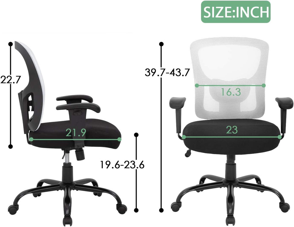 Big and Tall Office Chair 400lbs Desk Chair Mesh Computer Chair with Lumbar Support Wide Seat Adjust Arms Rolling Swivel High Back Task Executive Ergonomic Chair,White