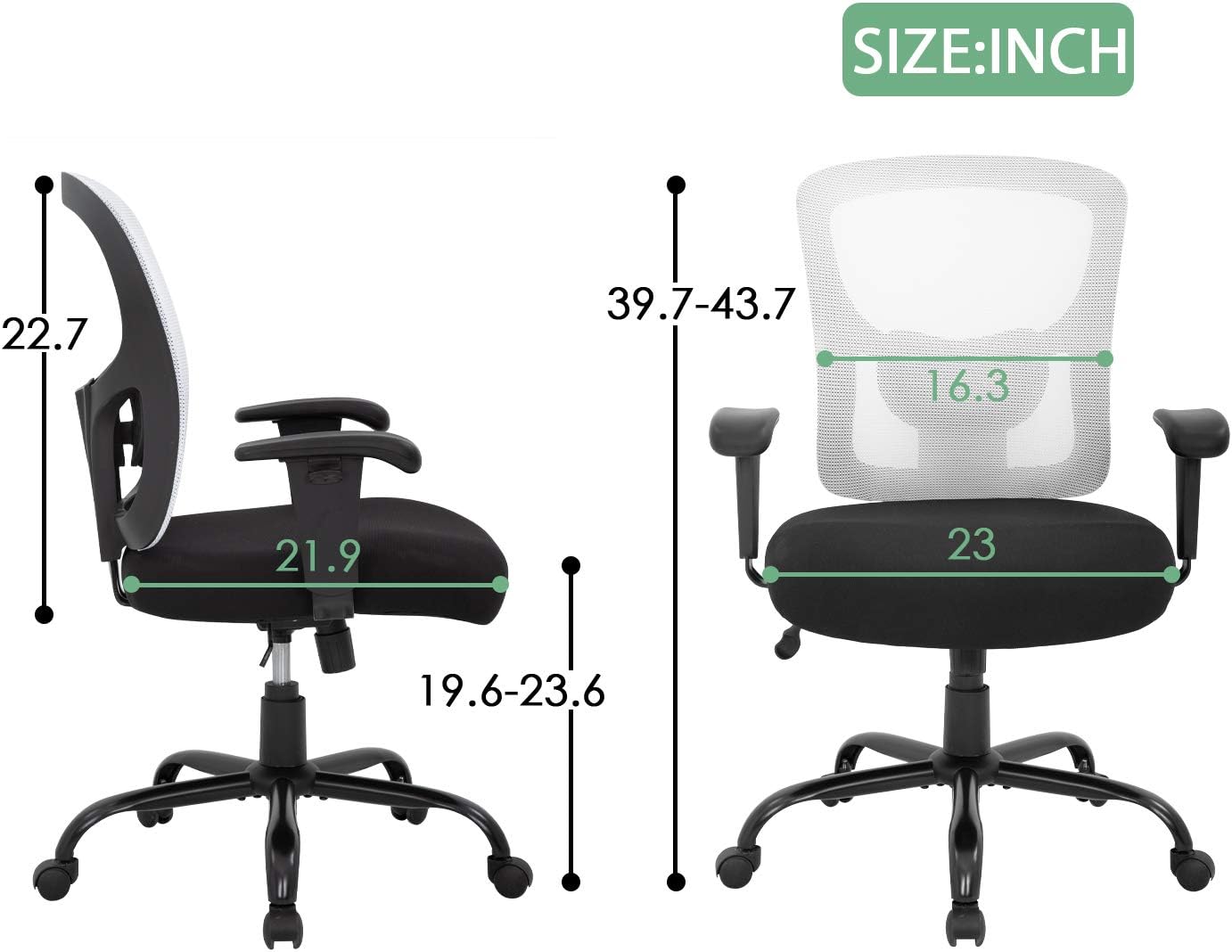 Big and Tall Office Chair 400lbs Desk Chair Mesh Computer Chair with Lumbar Support Wide Seat Adjust Arms Rolling Swivel High Back Task Executive Ergonomic Chair,White
