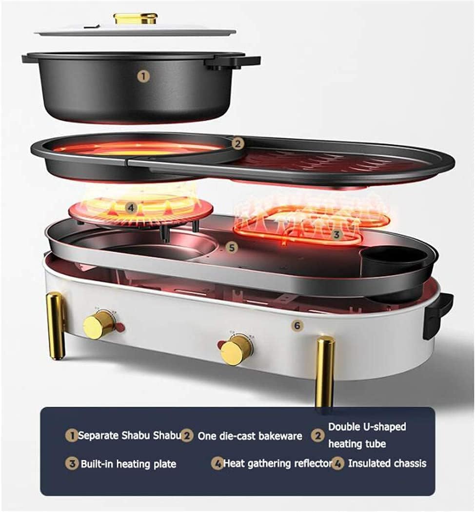 Electric Hot Pot Grill Indoor 2200W Non-Stick Baking Pan Separate Dual Temperature Control Smokeless Barbecue Machine, Easy To Clean 220V,White (Color : White)
