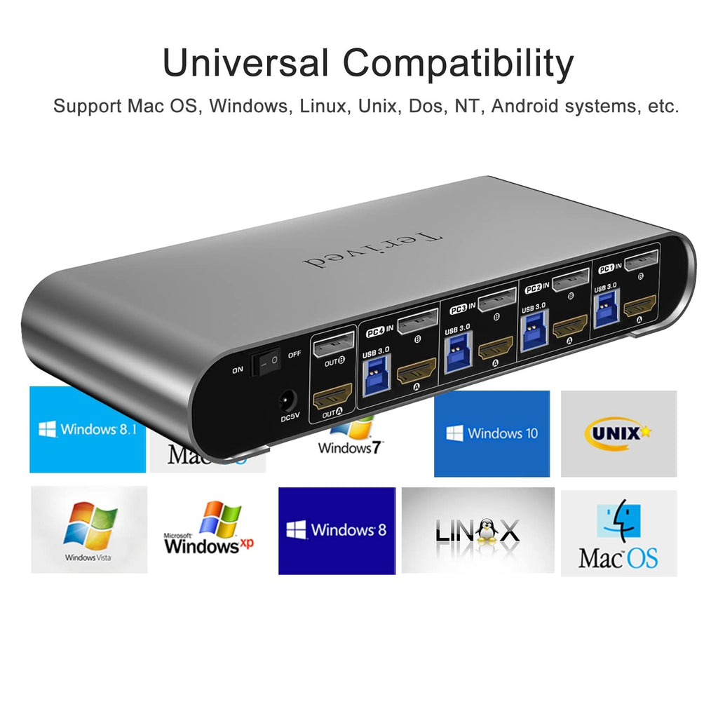4 Computers 2 Monitors Automatic KVM Switch, HDMI 4k@60Hz + DP 8K 30Hz 4K@144Hz, Aluminum Alloy Shell, Digital Display, Audio/Microphone, hotkey, HDR10 with Cables