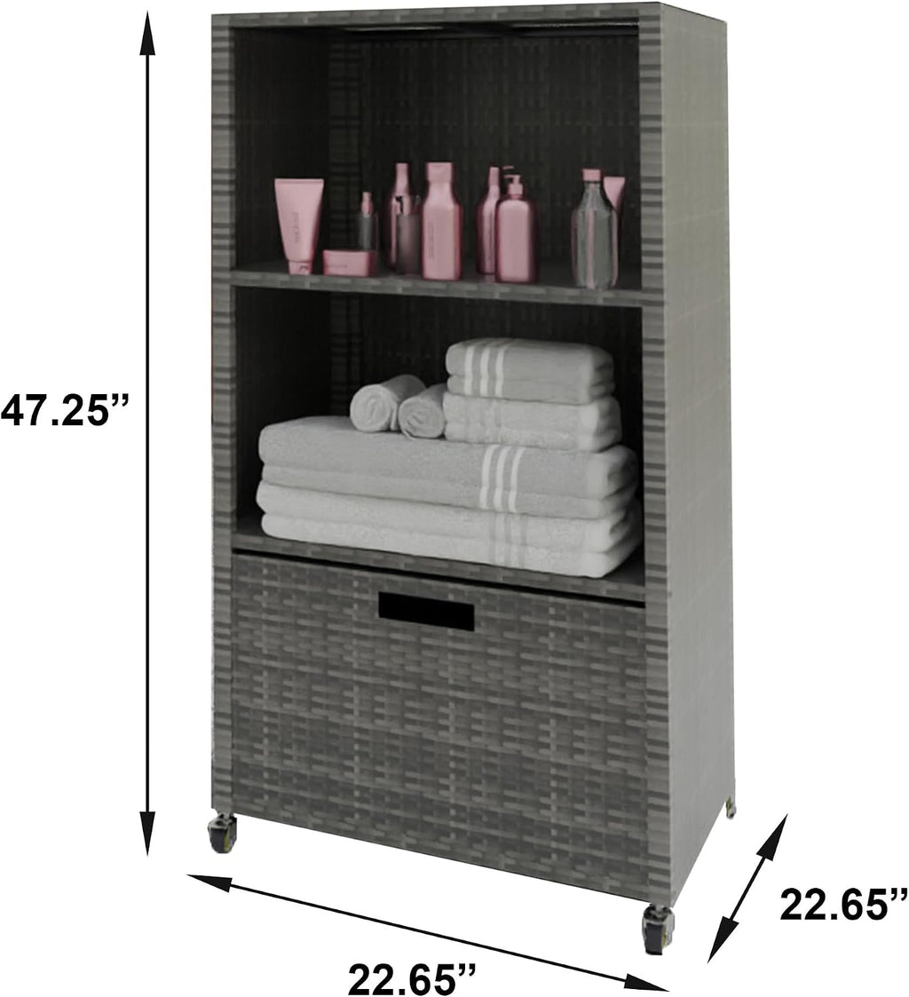 HOOYEAH Pool Towel Rack Outdoor, Waterproof PE Plastic Rattan Wicker Pool Storage Bins Storage Cabinet Organizer, Poolside Towel Caddy with Rolling Wheels for Hot Tub Spa Accessories,Grey