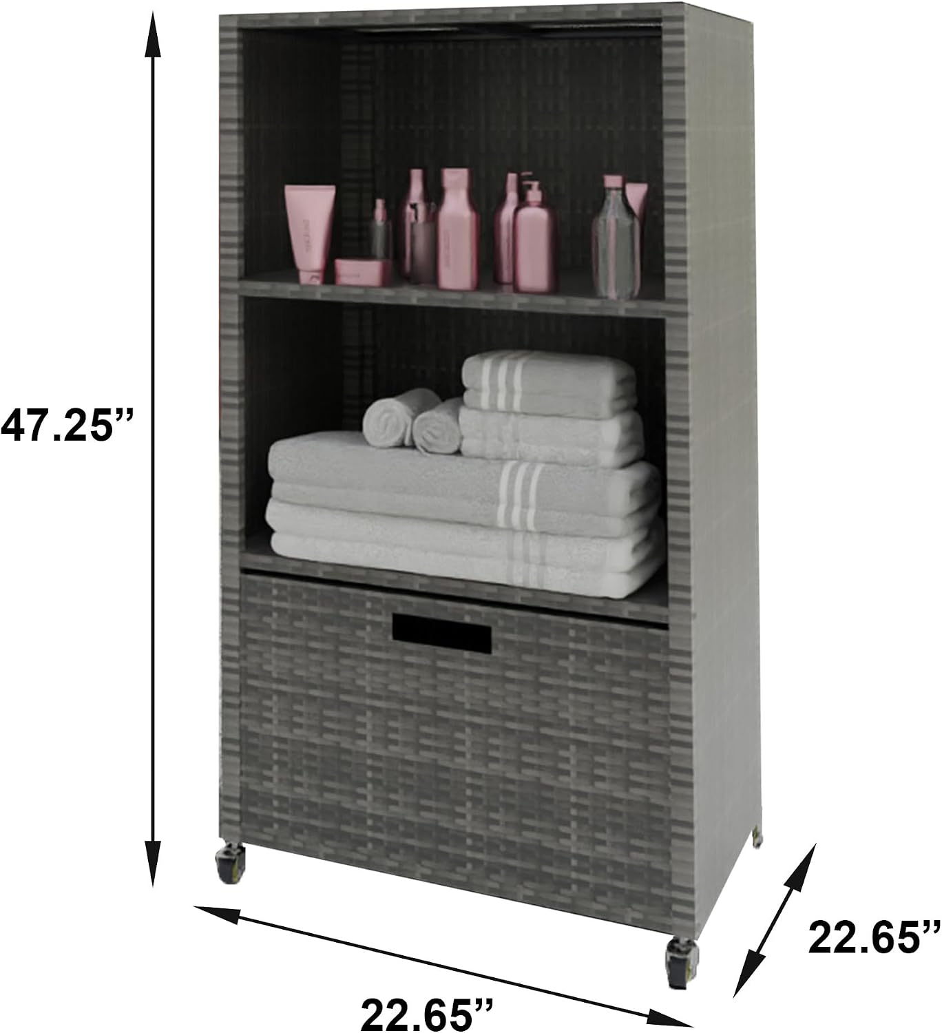 HOOYEAH Pool Towel Rack Outdoor, Waterproof PE Plastic Rattan Wicker Pool Storage Bins Storage Cabinet Organizer, Poolside Towel Caddy with Rolling Wheels for Hot Tub Spa Accessories,Grey