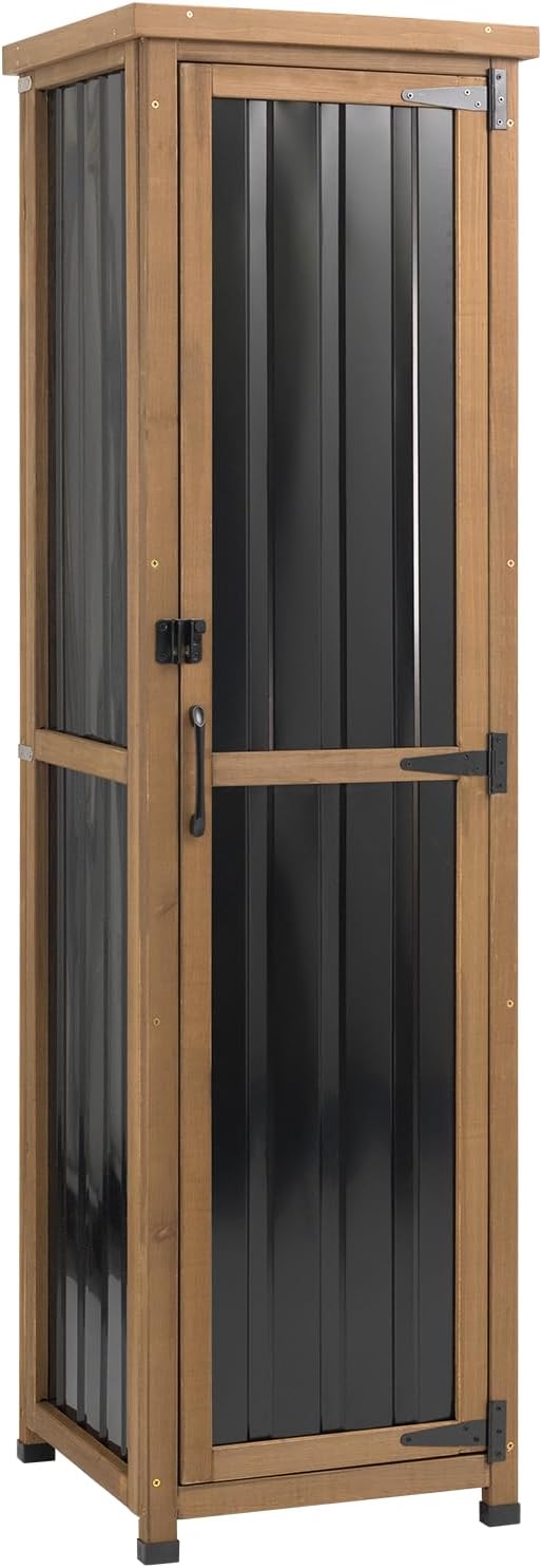 Ketive 62' Tall Outdoor Storage Cabinet, Narrow Garden Storage Cabinet with Adjustable Shelves, Slim Wood & Metal Tool Organizer for Patio, Garden, Porch, Garage or Indoor Storage