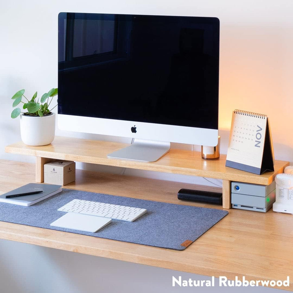 Desky Minimal Monitor Stand – Ergonomic Wood Riser for Single or Dual Monitors, Desk Shelf Organizer to Elevate Screen Height – Natural Walnut Hardwood