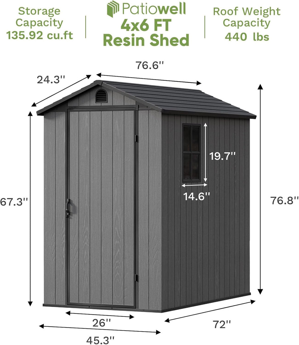 Patiowell 4 x 6 Resin Storage Shed with Floor, Outdoor Plastic Garden Shed with Lockable Door & Window, Easy Assembly Tool Shed for Backyard, Dark Gray