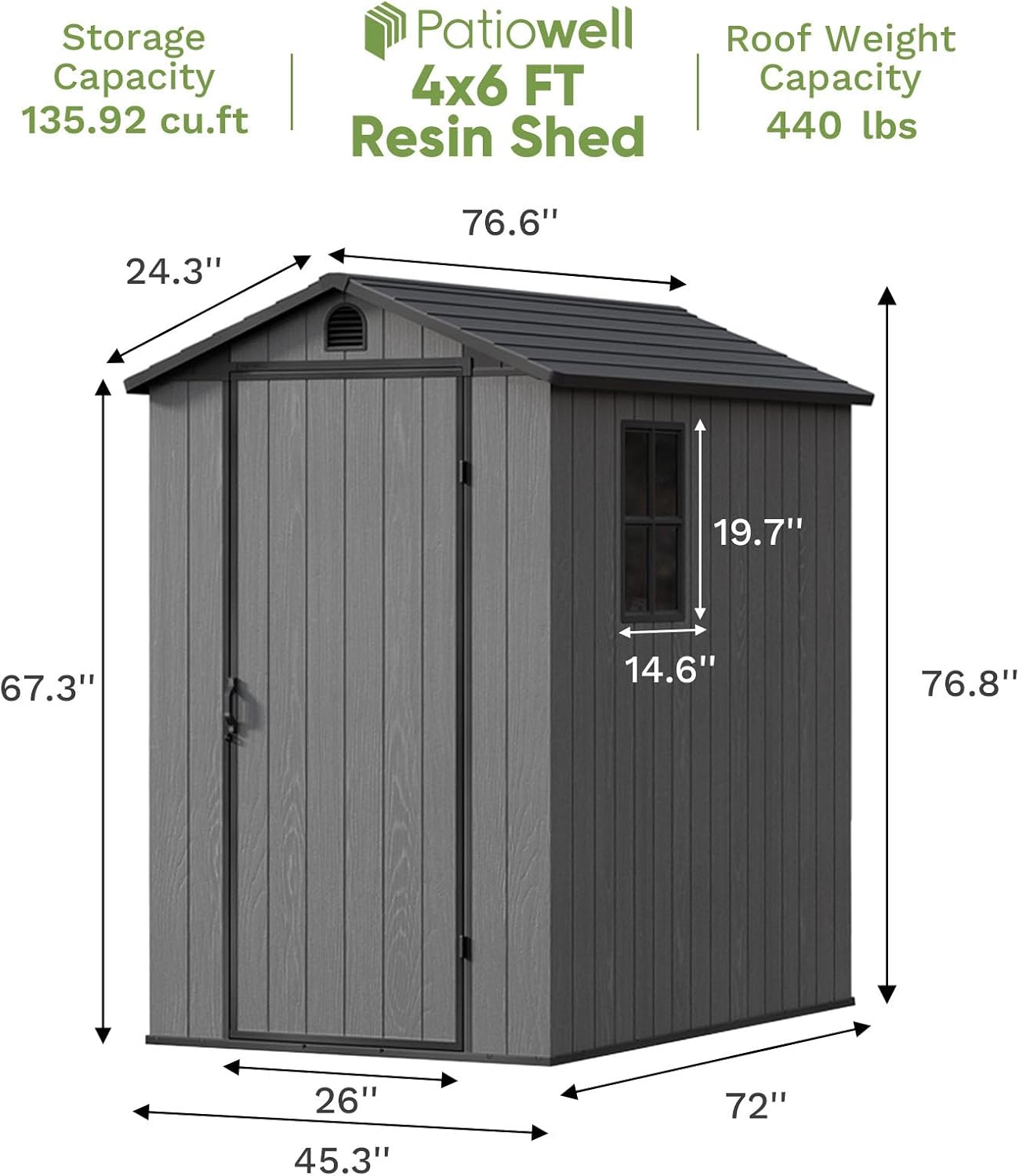 Patiowell 4 x 6 Resin Storage Shed with Floor, Outdoor Plastic Garden Shed with Lockable Door & Window, Easy Assembly Tool Shed for Backyard, Dark Gray