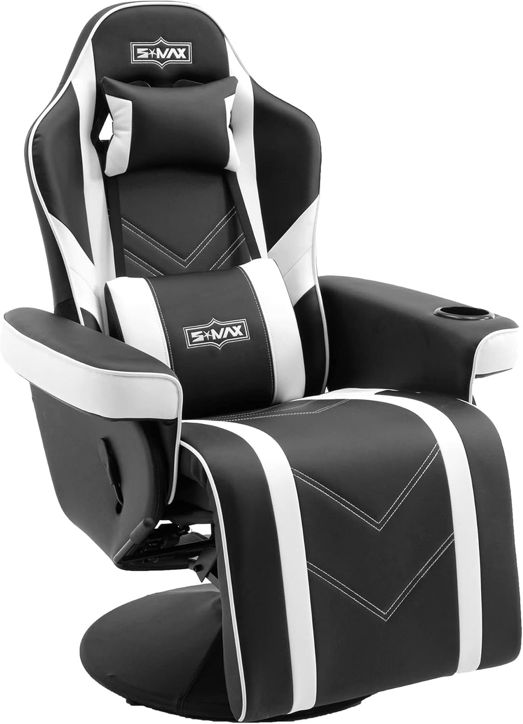 S*MAX Gaming Recliner Chair for Adults Higher Back Wider Lumbar Support Swivel PU Leather with Adjustable Backrest and Footrest Larger Cup Holder Side Pouch Black White X Large