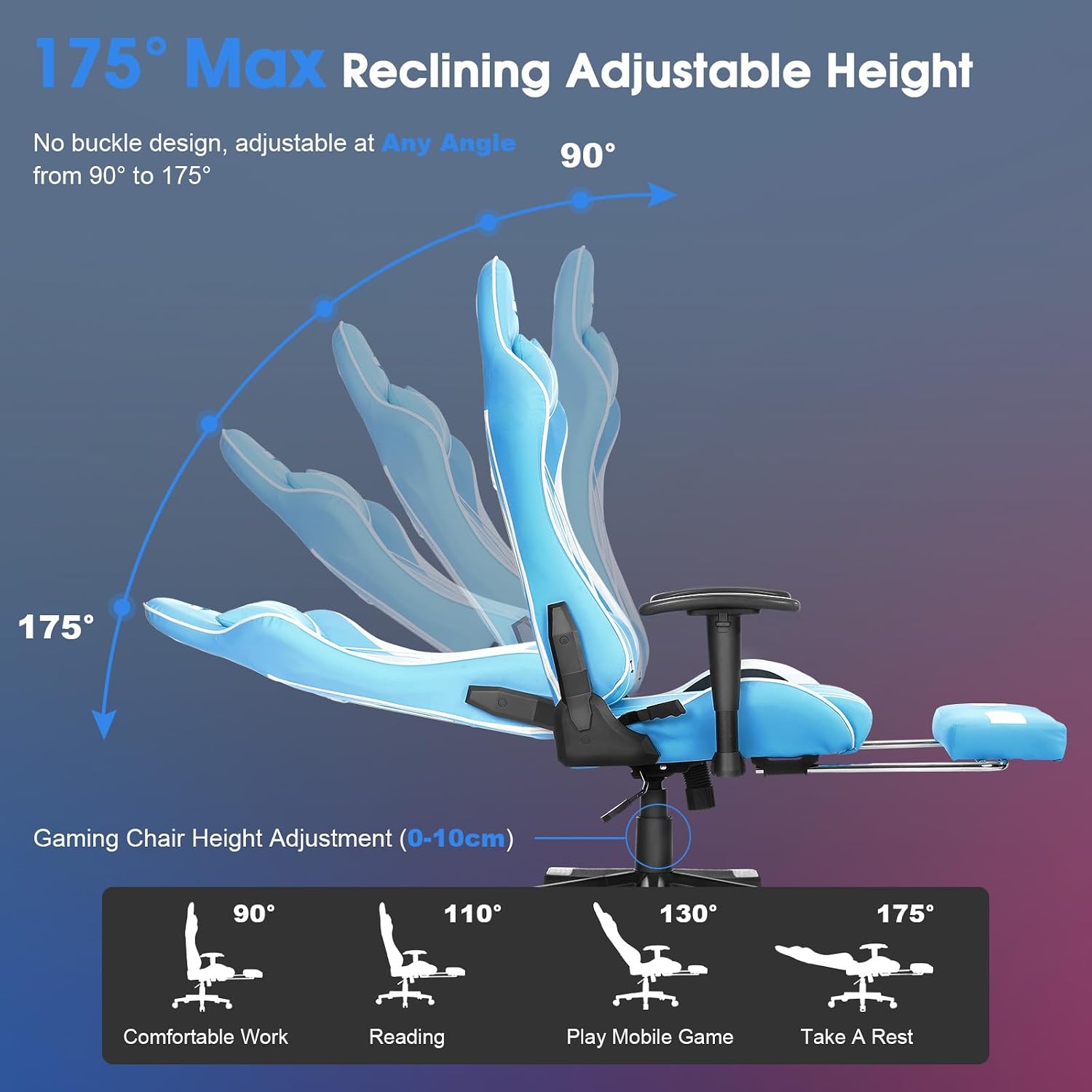 Gaming Chair Massage PC Gaming Chair Office Chair Ergonomic Computer Chair with Rolling Swivel Task Chair Lumbar Support Footrest Headrest, Light Blue