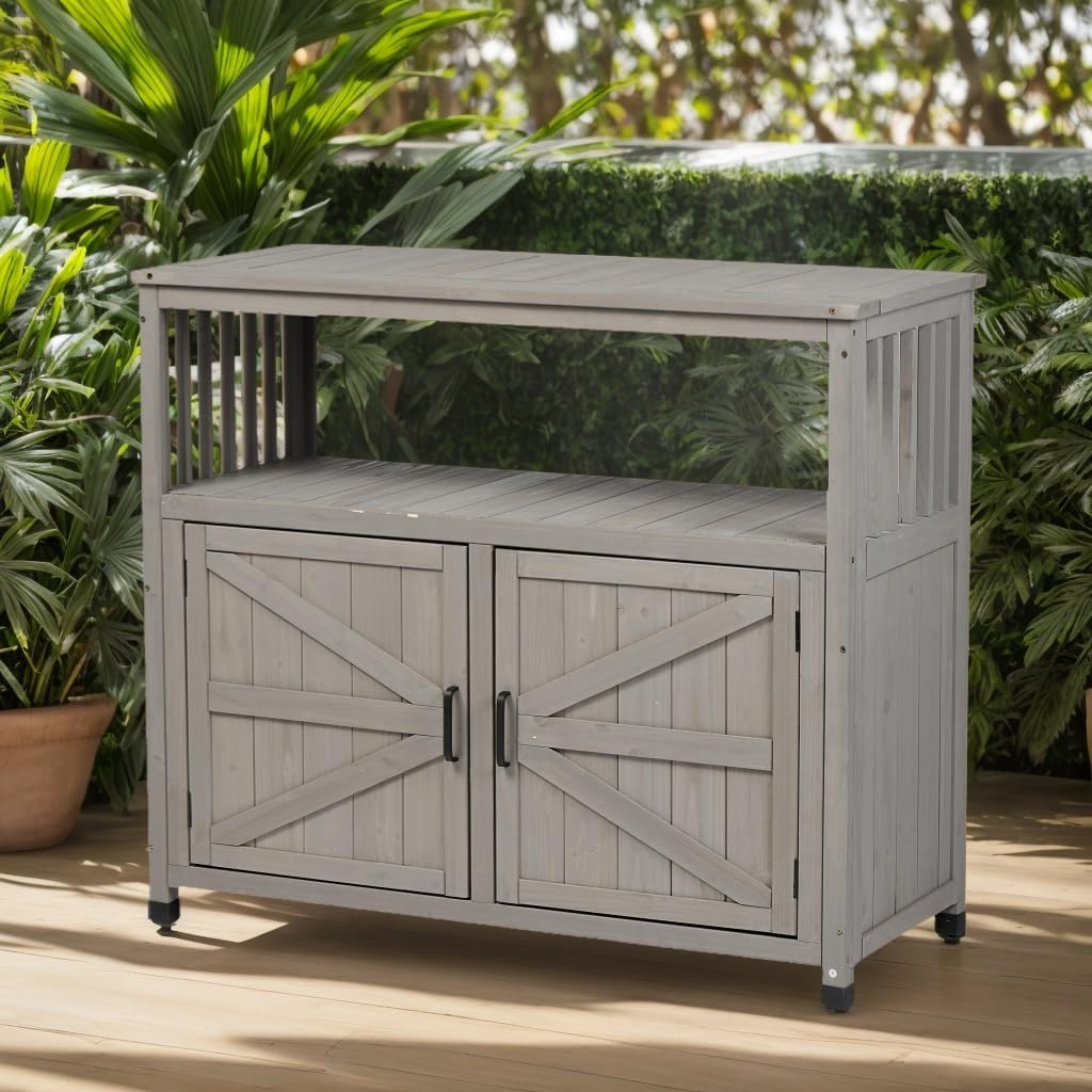 YOPTO Outdoor Wood Storage Cabinet,Garden Patio Bar Table Set with 2 Handles,Buffet Cabinet Sideboard Furniture for Lawn,Grey