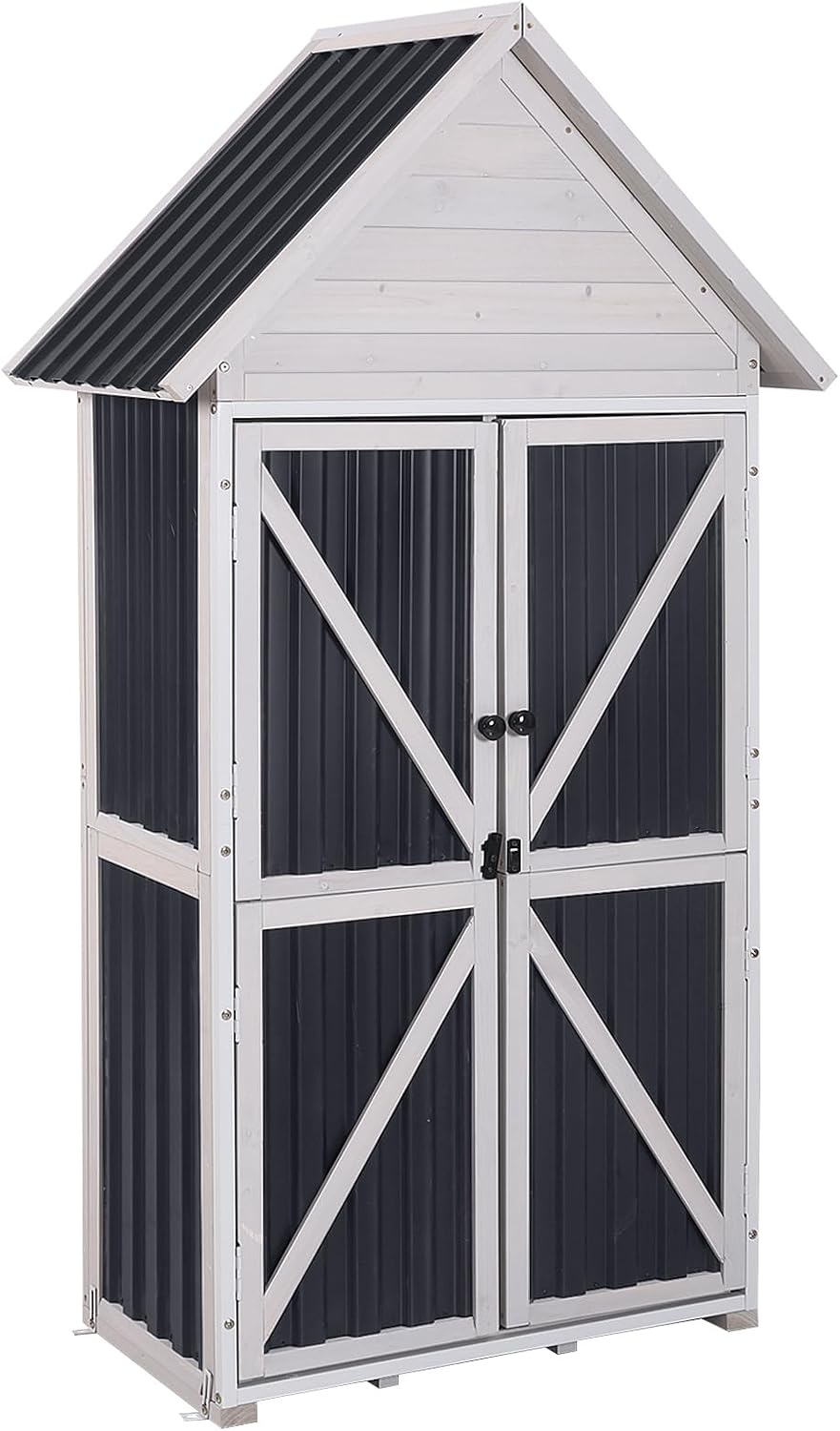 GUTINNEEN Outdoor Storage Cabinet, Wood & Metal Frame Garden Storage Shed with Waterproof Plastic Roof, Adjustable Shelves, Raised Base, Weather-Resistant Tool Shed for Backyard, Patio & Lawn, 67.5'H