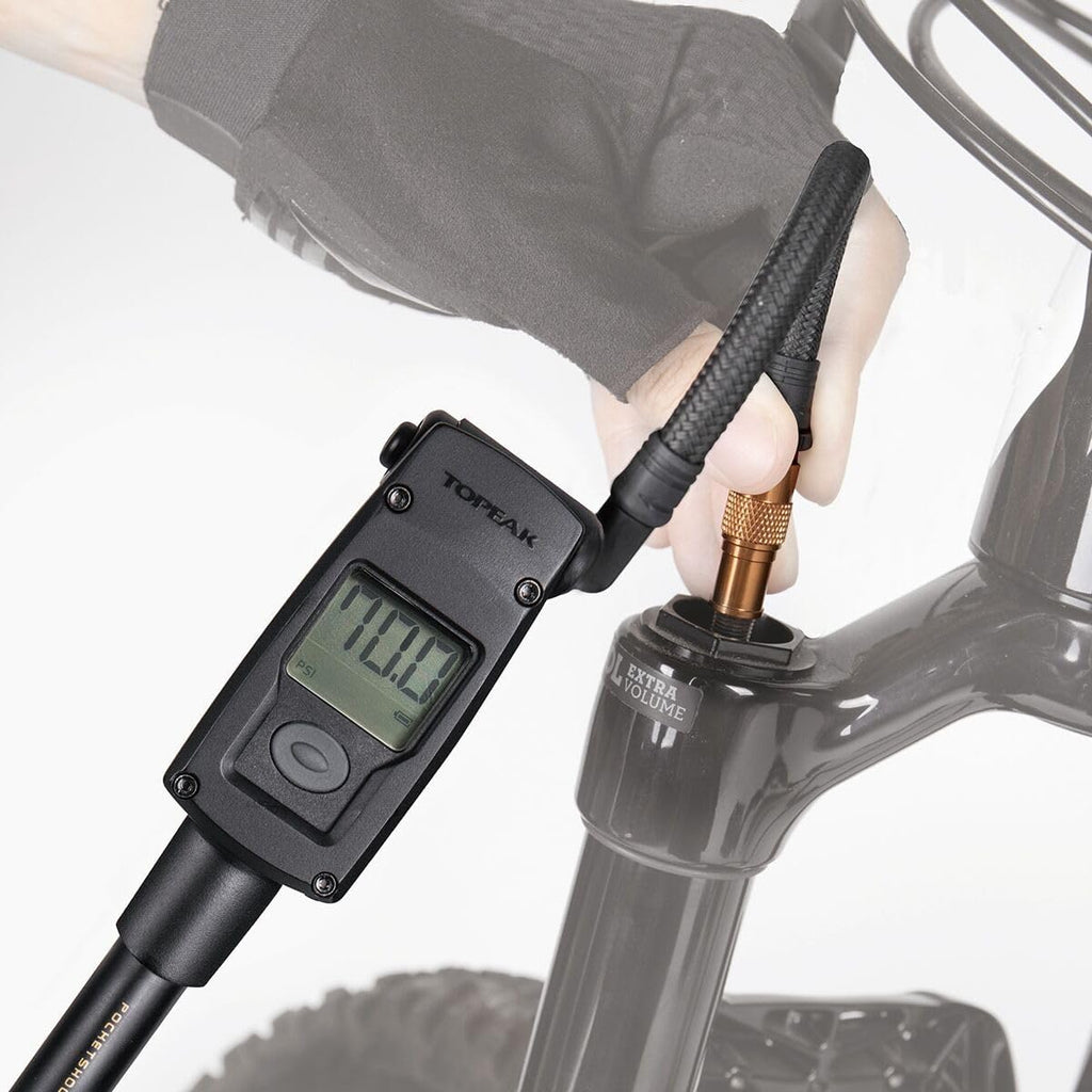Topeak PocketShock Digital Shock Pump with 300 PSI Digital Gauge, Pressure-Rite Connector, and Air Release Button
