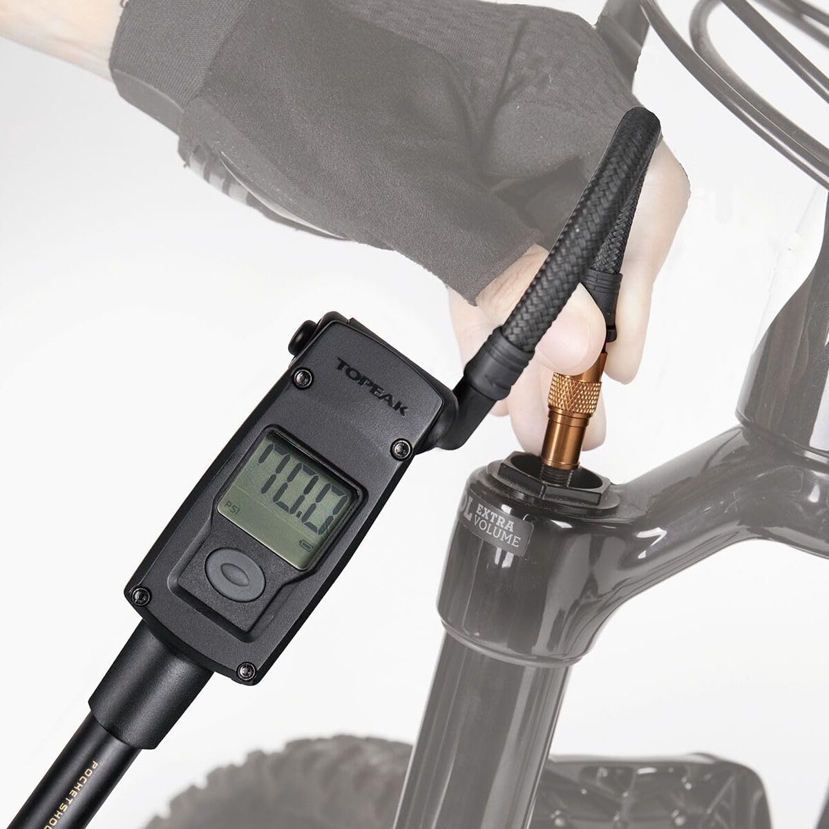 Topeak PocketShock Digital Shock Pump with 300 PSI Digital Gauge, Pressure-Rite Connector, and Air Release Button