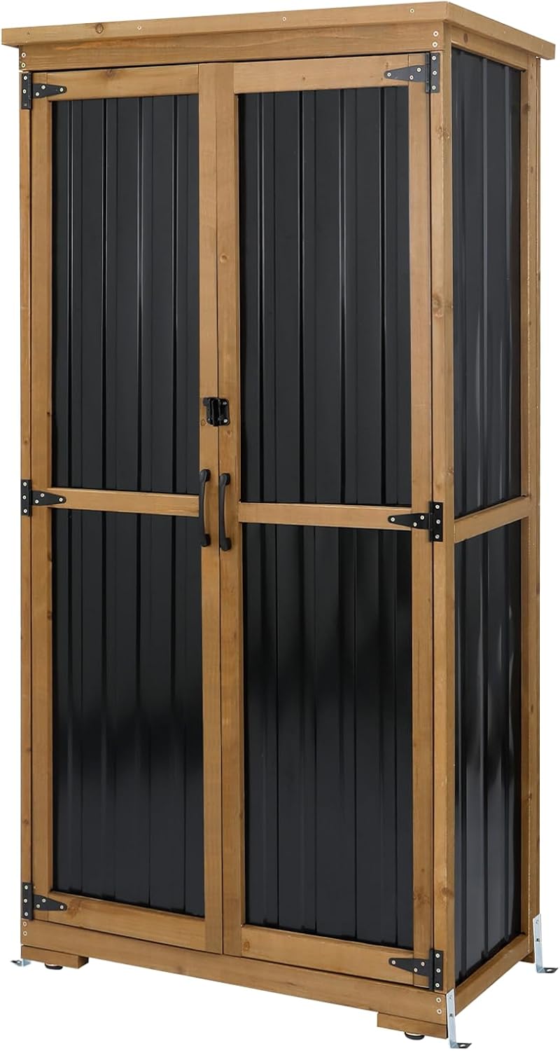Outdoor Storage Cabinet,Wood & Metal Storage Shed with Adjustable Shelves & Lockable Doors,Vertical Outdoor Cabinets for Backyard Patio, Gardening Tools and Accessories,Brown