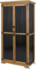 Outdoor Storage Cabinet,Wood & Metal Storage Shed with Adjustable Shelves & Lockable Doors,Vertical Outdoor Cabinets for Backyard Patio, Gardening Tools and Accessories,Brown