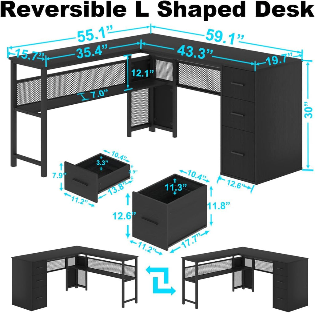 LVB Black L Shaped Desk, Reversible Computer Office Desk with Drawers, Modern Large L Shape Gaming Desk Table with File Cabinets, Wood Executive Corner Desk with Storage Shelf for Bedroom, 59 Inch