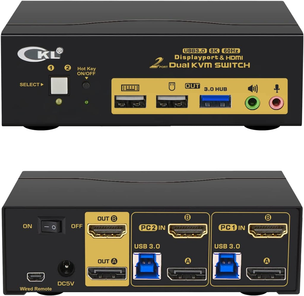 CKL 2 Port USB 3.0 KVM Switch Dual Monitor HDMI 2.0 4K@60Hz(HDMI Out) + DisplayPort 1.4 8K 30Hz 4K 120Hz 144Hz (DP Out), Keyboard Video Mouse Peripherals Switcher for 2 Computers 2 Monitors with Audio