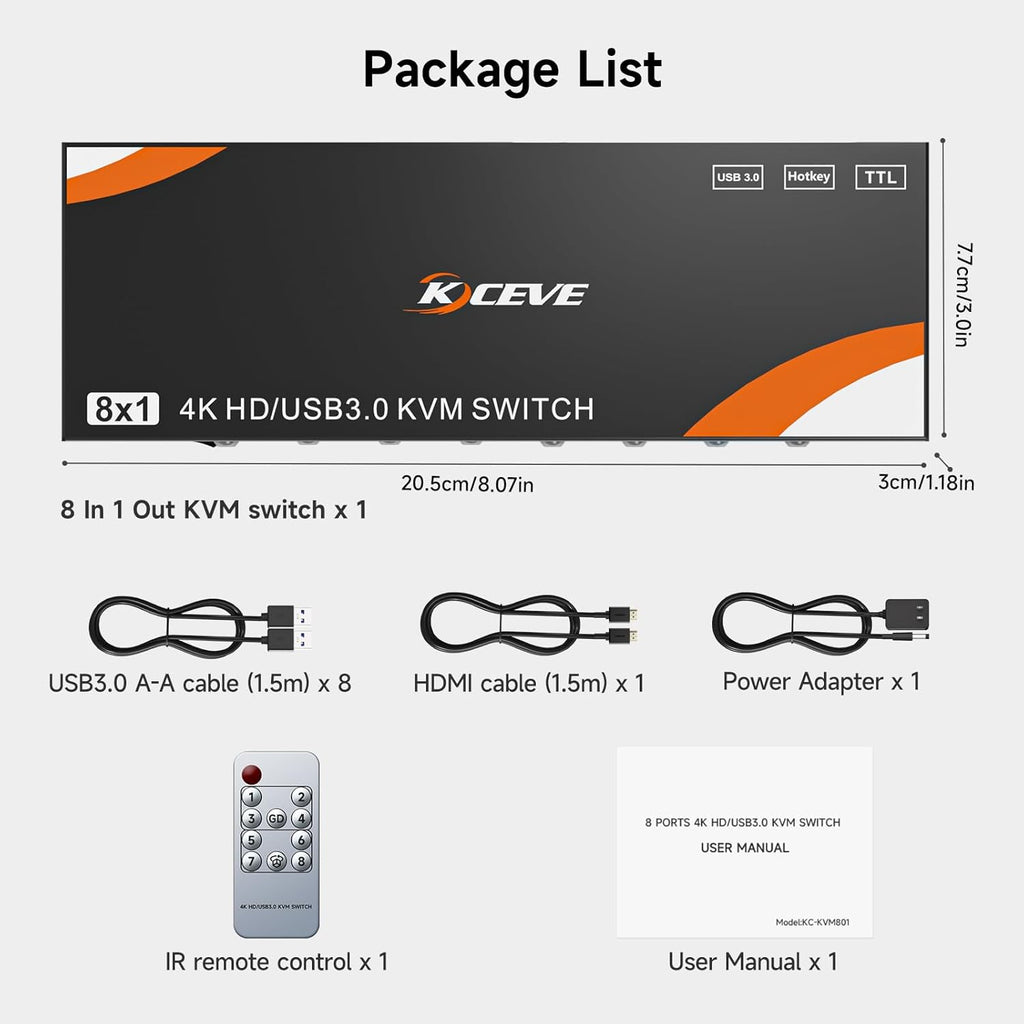 HDMI KVM Switch 8 Computers 1 Monitor, 8 Ports USB 3.0 KVM Switcher Support 4K@60Hz for 8 PC Share Keyboard and Mouse, Support Hotkey Switching Way