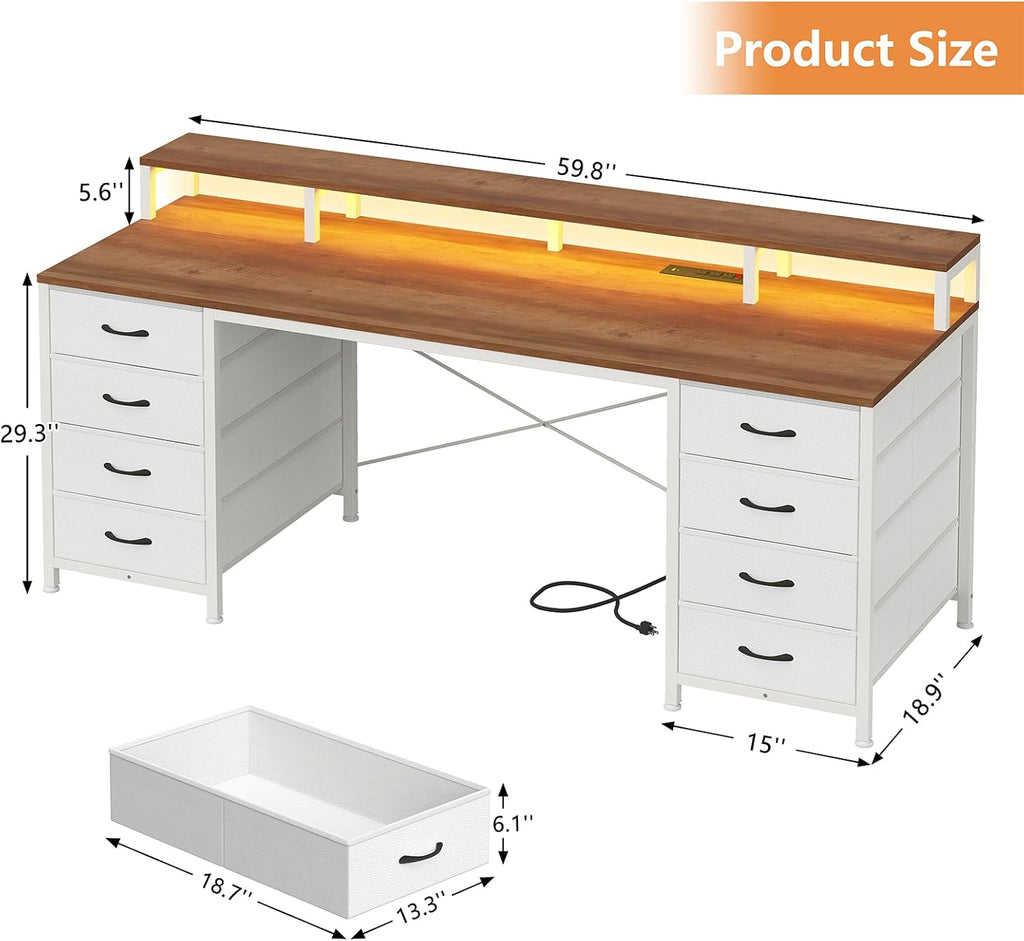 YOMILUVE 60 Inch Computer Desk with 8 Fabric Drawers, Gaming Desk with LED Lights & Power Outlets, Home Office Desk with Monitor Stand, Brown and White