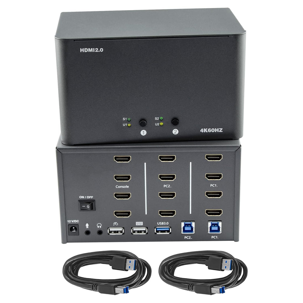 KVM Switch 4 Monitors 2 Computers, HDMI 4K@60Hz KVM Switch with USB3.0, 2 Computers Share One Set of Keyboard, Mouse and Monitors, Supports Windows/Mac/Linux