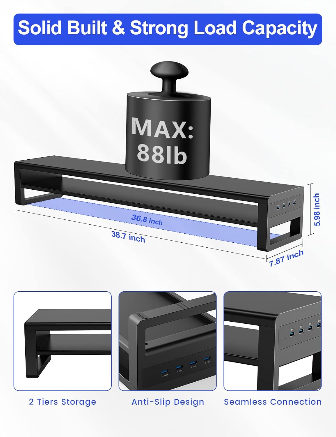2 Tiers Dual Monitor Stand with 4 USB 3.0 Hub Ports, Double Monitor Riser, Metal Desk Stand with Storage, Long Screen Raiser for 2 Monitors/PC/Laptop/Computer Space Saver Organizer Office Home School