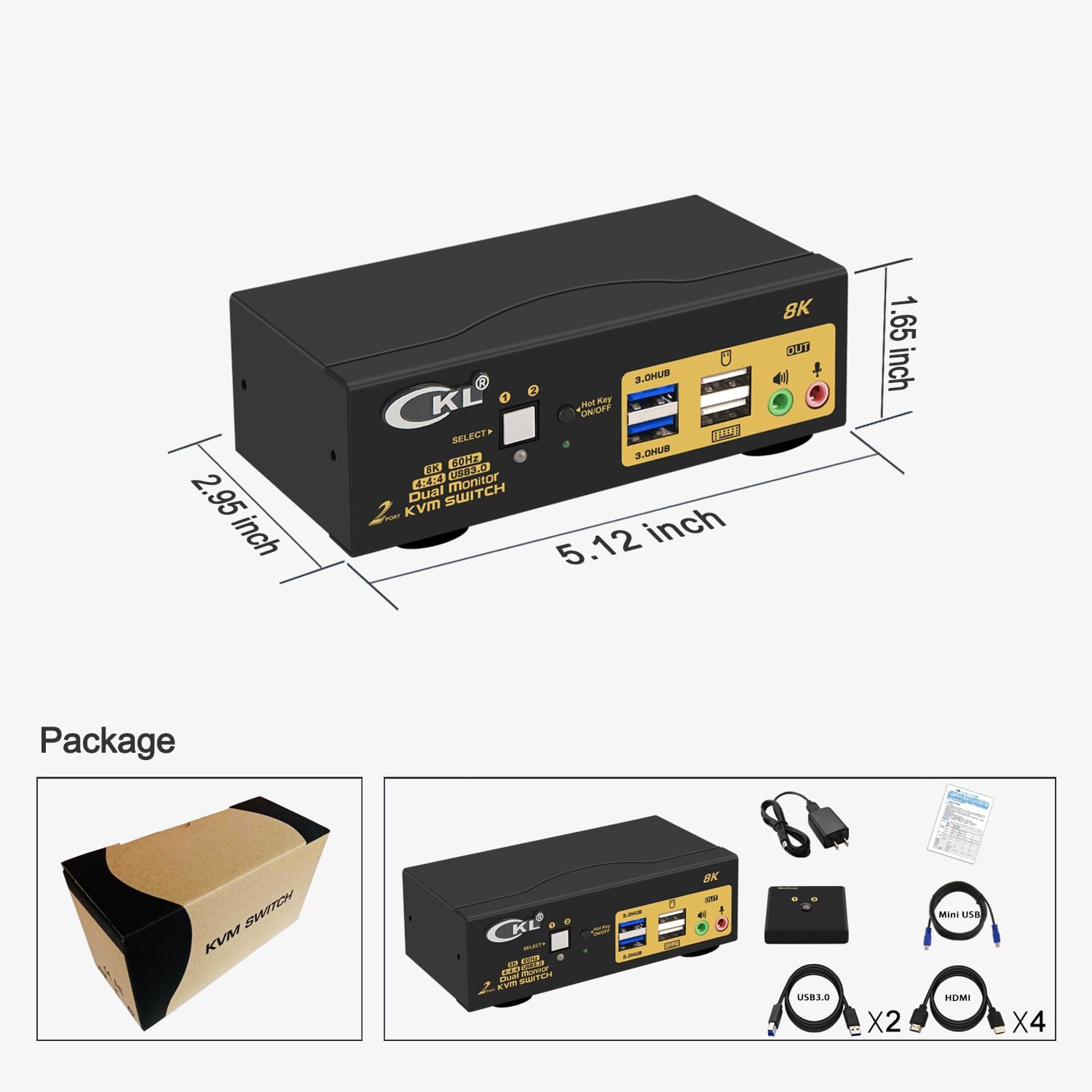 CKL 8K 60Hz HDMI 2.1 Dual Monitor KVM Switch for 2 Computers 2 Monitors with 2 USB3.0 HUB