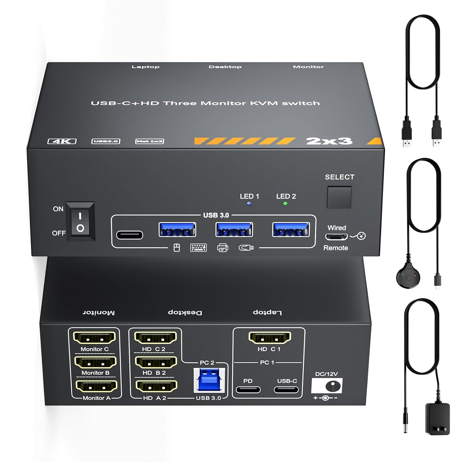 KVM Switch 3 Monitors 1 Laptop & 1 Desktop, Reyoten 4K HDMI USB Switch,3 Monitors for Laptop with 3 USB 3.0 Ports, 4K Hub for 2 PCs to Share Monitor, Keyboard, Mouse & Printer
