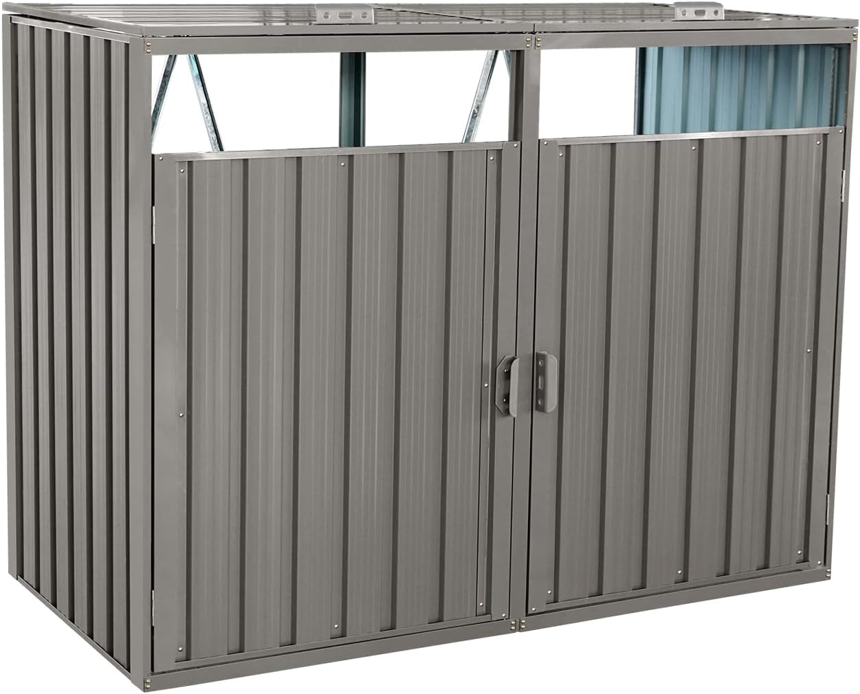 Outdoor Trash Can Storage, Garbage Bin Shed Stores 2 Trash Cans, Metal Outdoor Storage Shed for Garbage Cans, Garden Accessories, Backyard, and Patio Use, Lockable, Light Grey