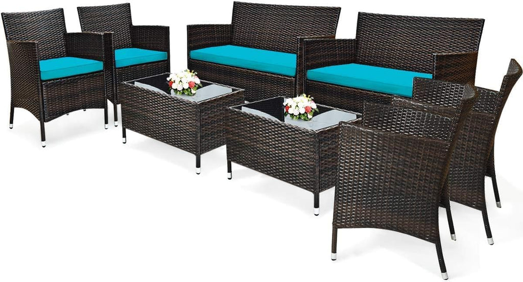 COSTWAY 8PCS Rattan Patio Furniture Set, Outdoor Wicker Rattan Chairs with Coffee Table, Rattan Cushioned Conversation Set for Backyard Balcony Porch Poolside, Turquoise