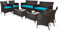 COSTWAY 8PCS Rattan Patio Furniture Set, Outdoor Wicker Rattan Chairs with Coffee Table, Rattan Cushioned Conversation Set for Backyard Balcony Porch Poolside, Turquoise