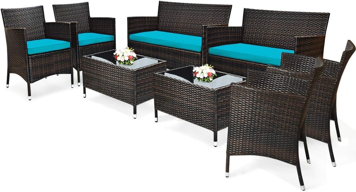 COSTWAY 8PCS Rattan Patio Furniture Set, Outdoor Wicker Rattan Chairs with Coffee Table, Rattan Cushioned Conversation Set for Backyard Balcony Porch Poolside, Turquoise