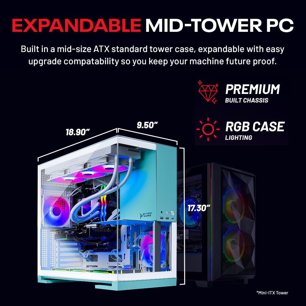Skytech Gaming Aqua Desktop PC, Ryzen 7 9800X3D 4.7 GHz (5.2 GHz Turbo), NVIDIA RTX 5080 16GB, 2TB Gen4 NVMe SSD, 32GB DDR5 RAM 6000 RGB, 850W Gold ATX 3 PSU, 360mm ARGB AIO, Wi-Fi, Win 11
